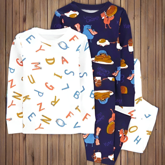 4 Piece Snug Fit Pajama Set With Long Sleeve Tees And Pants
