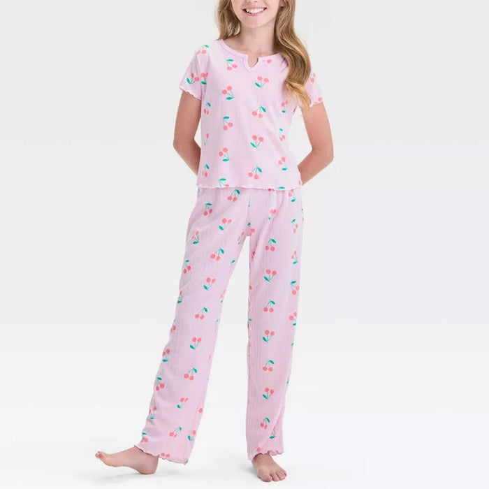 2 Piece Cherry Print Pajama Set With Short Sleeve Top And Pants