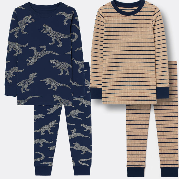 4 Piece Kids Pajama Set With Stripes And Dinosaur Prints