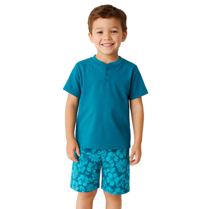 Tropical Print Henley Pajama Set With Lightweight And Flame Resistant Design