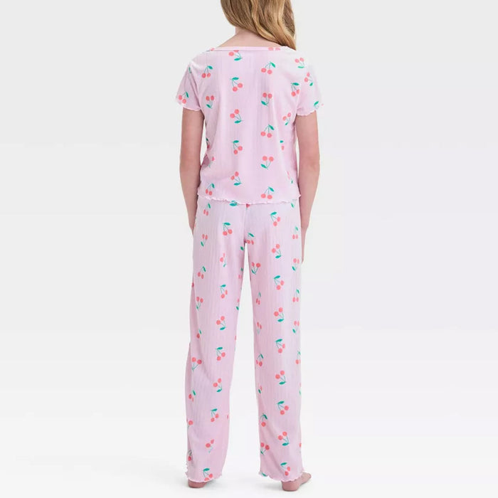 2 Piece Cherry Print Pajama Set With Short Sleeve Top And Pants