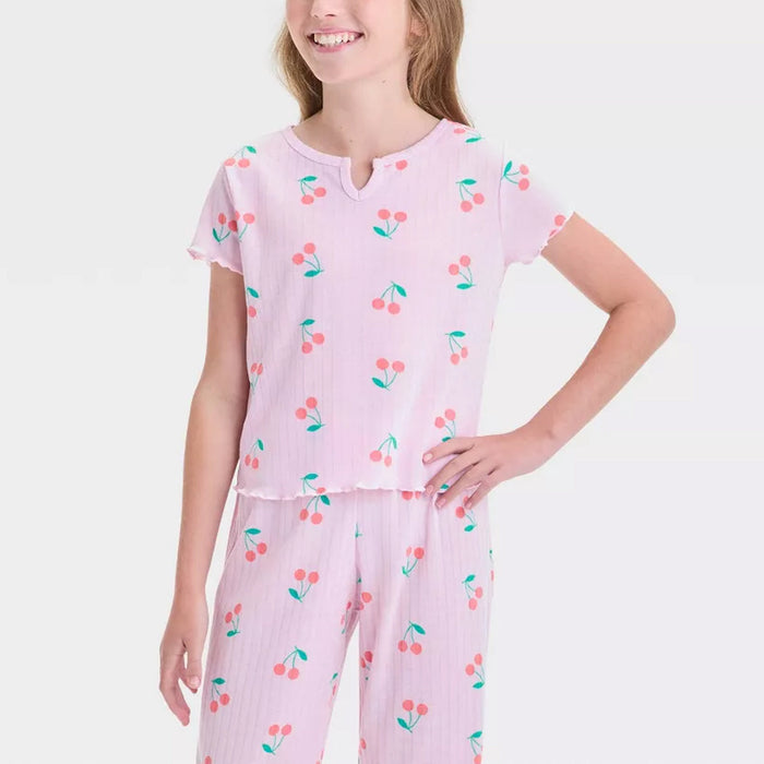 2 Piece Cherry Print Pajama Set With Short Sleeve Top And Pants
