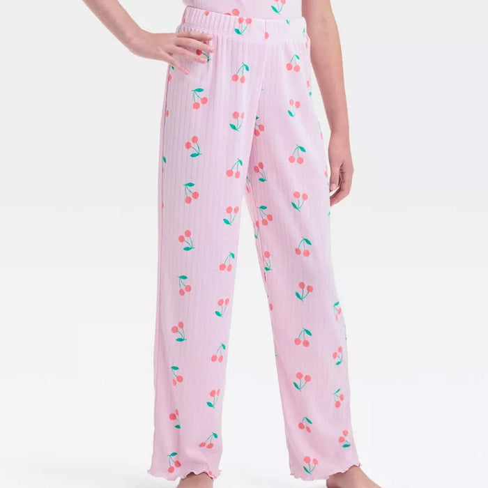 2 Piece Cherry Print Pajama Set With Short Sleeve Top And Pants