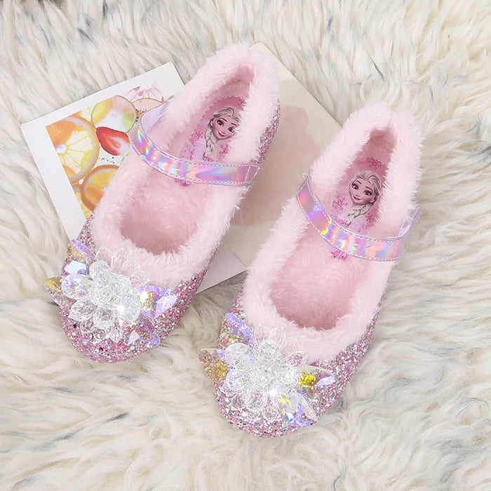 Faux Fur Lining Frozen Elsa Shoes With Floral Embellishment