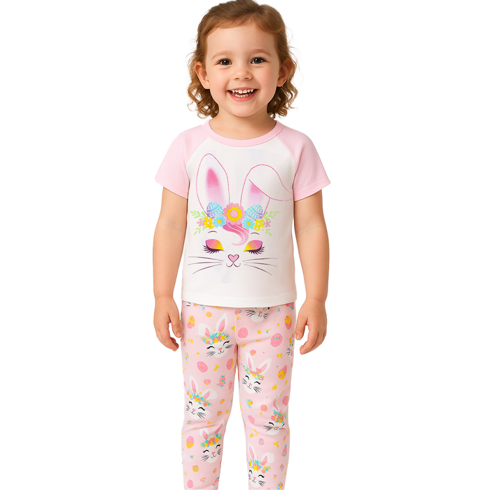 Bunny And Floral Snug Fit Pajama Set For Lounging