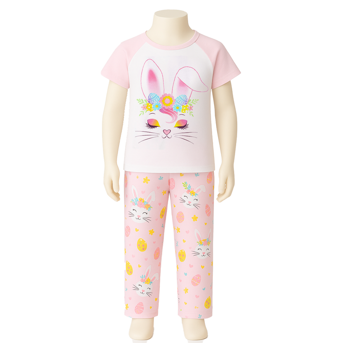 Bunny And Floral Snug Fit Pajama Set For Lounging