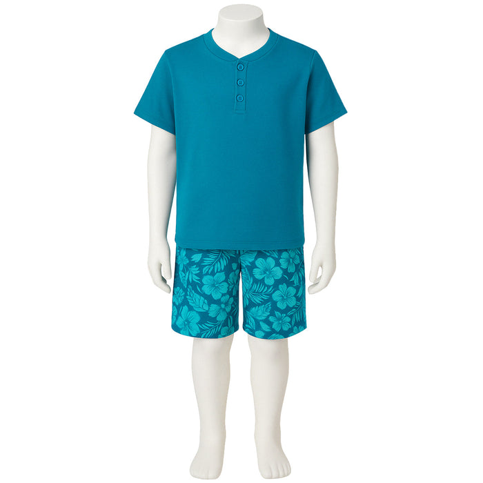 Tropical Print Henley Pajama Set With Lightweight And Flame Resistant Design